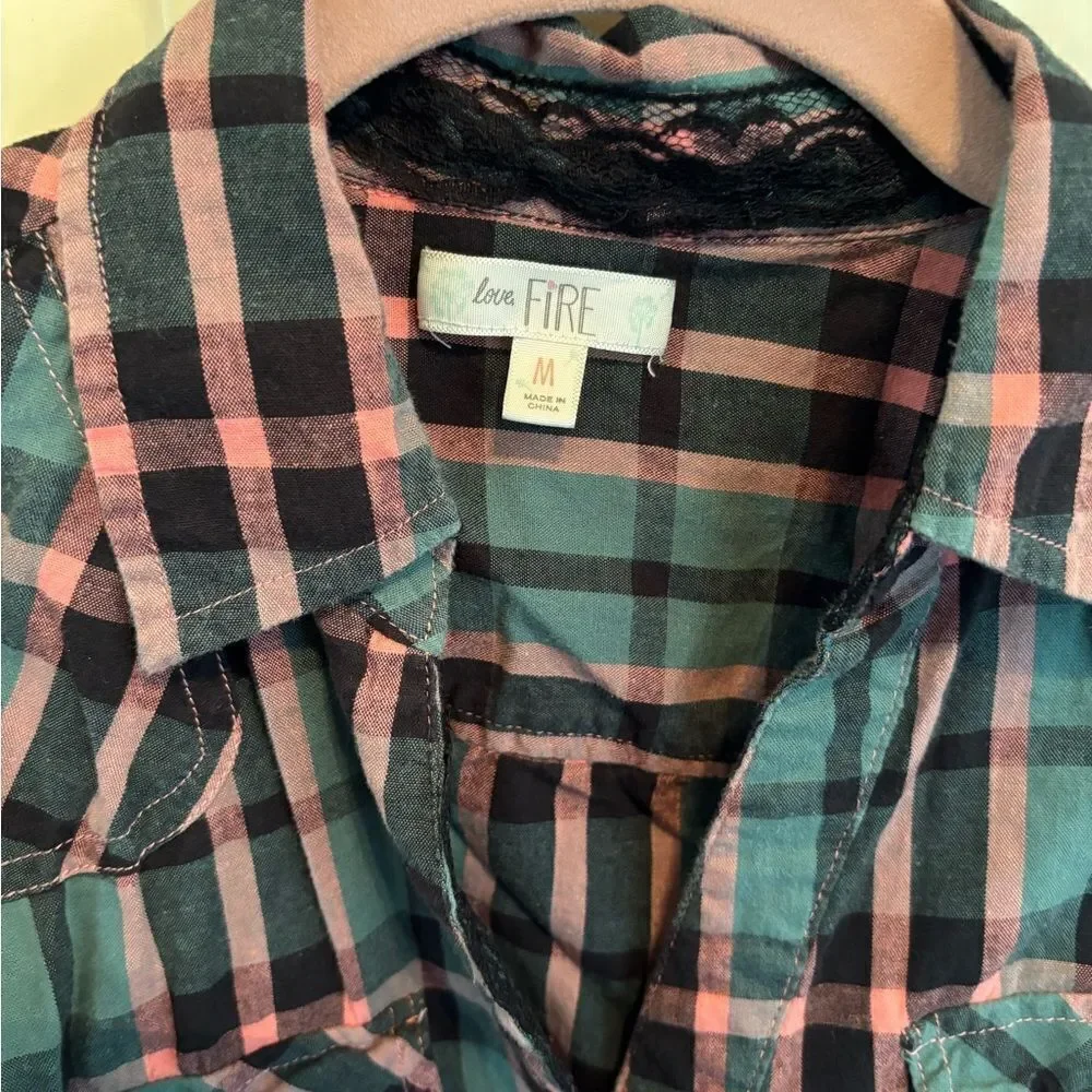 Anthropologie Love, Fire Teal and Pink Plaid Shirt
